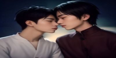 gay社交App界面示意，手机屏幕上显示社群聊天界面，背景为午夜蓝色调